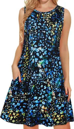 Vista 35 de elescat Vestidos de verano para mujer 2025, vestido casual de playa sin mangas con estampado floral, tipo camiseta, suelto y con bolsillos
