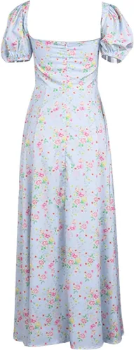 Vista 4 de Vestido de verano para mujer, estampado floral, hombros descubiertos, manga corta, dividido, para fiesta de playa, vestido bohemio