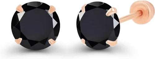 Vista 2 de Aretes de poste con tuerca de oro macizo hipoalergénico de 14 quilates, solitario de piedra de nacimiento redonda de 5 mm con engaste de garras