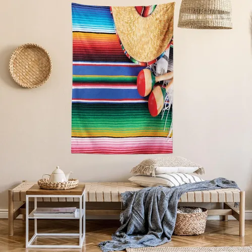 Vista 6 de Lunarable Tapiz mexicano, impresión temática de cultura mexicana de un sombrero de maracas y serape, alfombra de arte popular, decoración de tela
