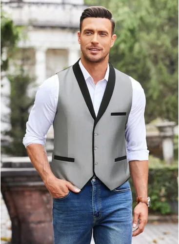 Vista 7 de COOFANDY Chaleco de traje para hombre, ajustado, formal, de negocios, chaleco casual para boda