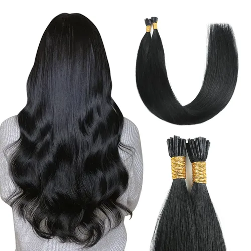 Vista 23 de Sunya - Extensiones de cabello humano con punta en I de 14 pulgadas, color negro azabache, extensiones de cabello humano con punta en I, extensiones