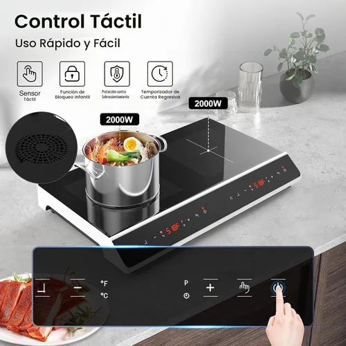 Vista 2 de GIHETKUT Placa de cocción de doble inducción, 4000 W, 2 quemadores, placa de inducción con pantalla táctil LED, 10 niveles de ajustes con bloqueo