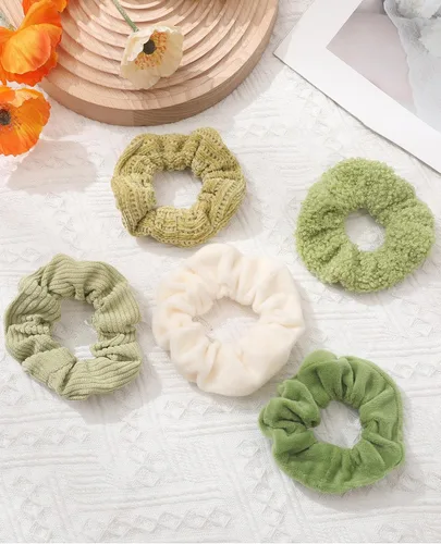 Vista 7 de 5 piezas de coleteros peludos - Coleteros elásticos para el cabello, bandas para el cabello para coleta, accesorios para el cabello para mujeres