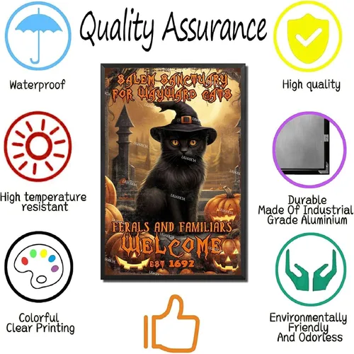 Vista 3 de Letrero decorativo de metal Salem Sanctuary for Wayward Cats Cat Halloween para bares, restaurantes, bares, hoteles, zoológicos, cafeterías, 8.00 x