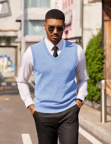 Vista 3 de COOFANDY Suéter sin mangas para hombre, chaleco con cuello en V, jersey de algodón sólido Azul claro