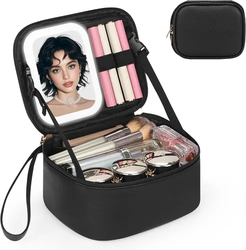 Vista 11 de Relavel Mini bolsa de maquillaje con espejo LED, pequeña bolsa de 01-Negro