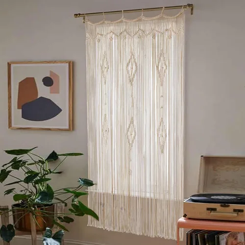Vista 2 de IOWER Cortina de macramé larga de algodón para ventana, cortinas bohemias para dormitorio, boda, telón de fondo, divisor de habitación, puerta
