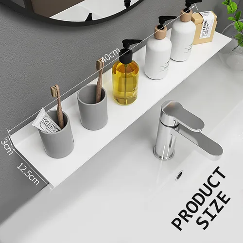 Vista 2 de Chrasy Estante flotante de pared adhesivo montado en la pared, organizador de tocador de baño, estante metálico de aluminio para decoración