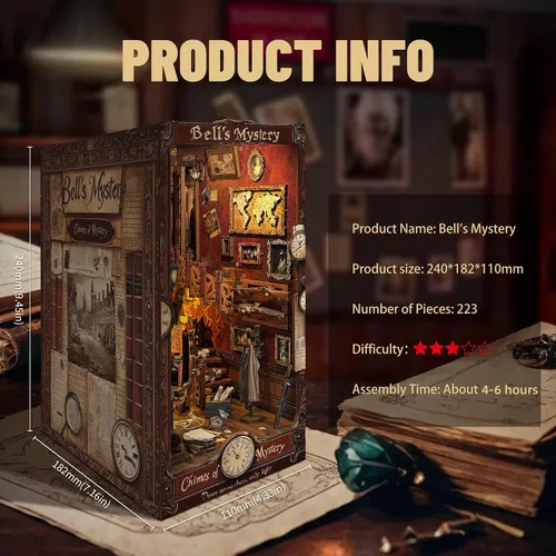 Vista 6 de Jioustoy Kit de rincón de libros para adultos, rincón de libros con cubierta antipolvo. Casa de muñecas en miniatura 3D sujetalibros de madera
