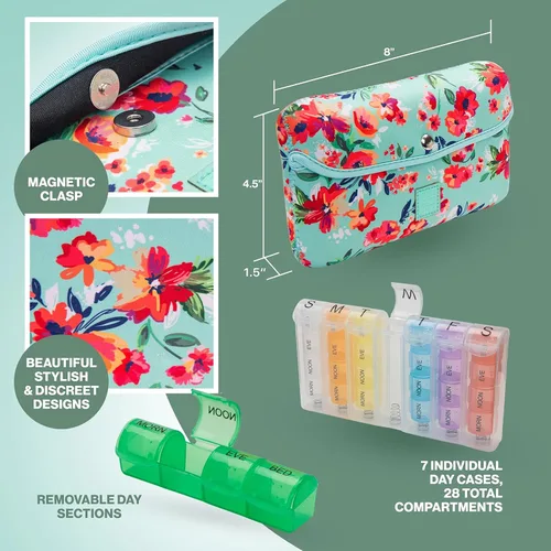 Vista 3 de Made Easy Kit Pastillero grande para 7 días/28 compartimentos en neopreno con pastillero de almacenamiento diario en la mañana, mediodía, víspera