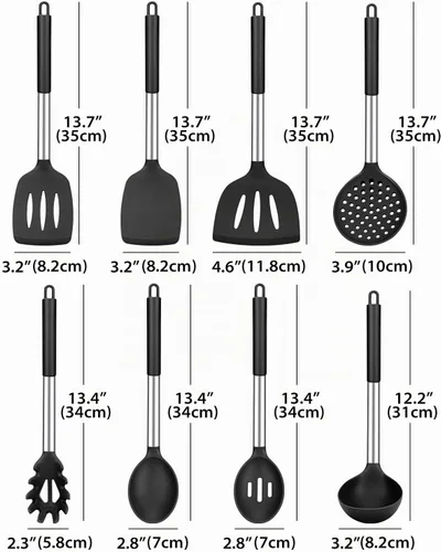 Vista 2 de Juego de utensilios de cocina de silicona, 8 utensilios de cocina antiadherentes con mango de acero inoxidable, herramientas de cocina resistentes