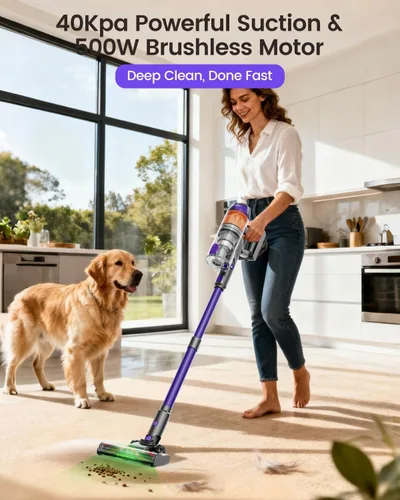 Vista 2 de Aspiradora inalámbrica, 500W 40KPa 60 minutos, aspiradoras para el hogar, potente aspiradora de palo con luz verde, aspiradora inalámbrica Morado