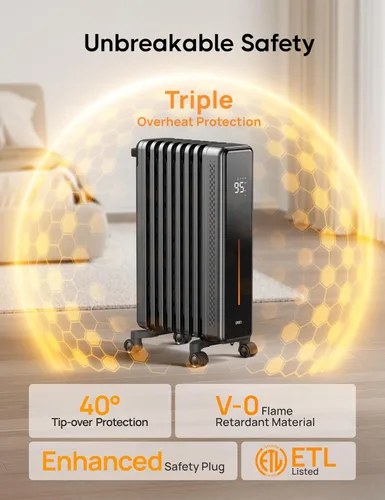 Vista 4 de DREO Calentador de radiador, calentador de radiador lleno de aceite con 8 protecciones de seguridad para uso en interiores, calentadores eléctricos