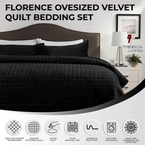 Vista 3 de Tribeca Living FLORENCEQUIKISI - Juego de acolchado Florencia, de terciopelo, sólido, tamaño grande), Negro, gemelo