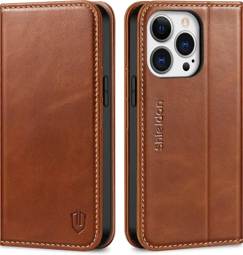 Vista 10 de SHIELDON - Funda tipo cartera de piel auténtica para iPhone 13 Pro de 6.1 pulgadas 2021, color negro Magnetic Closure, RFID Blocking, Credit Card