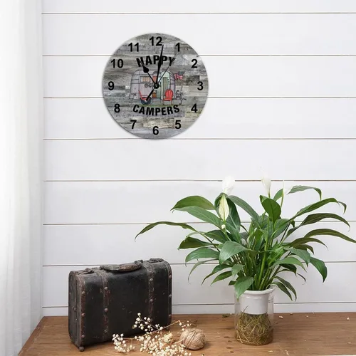 Vista 4 de Reloj de pared redondo de madera de estilo elegante, con temática de campamento, con números arábigos, funciona con pilas, silencioso, sin tictac