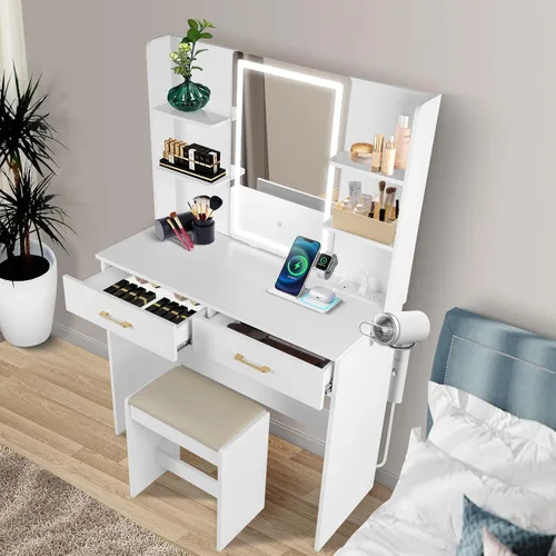 Vista 3 de QUALIKRAFT - Juego de tocador blanco con espejo LED y taburete, mesa de maquillaje con toma de corriente incorporada (2 AC y 2 USB), 2 cajones