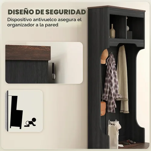 Vista 8 de HOMCOM Árbol de pasillo con almacenamiento de zapatos, perchero de entrada Grano de madera negro