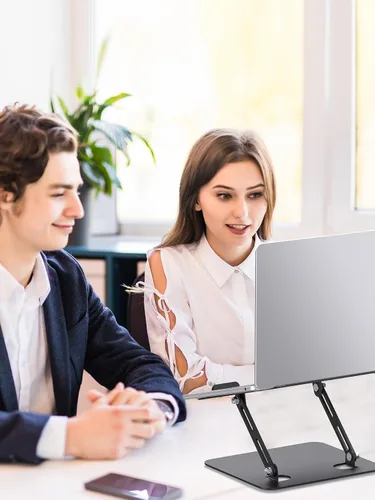 Vista 7 de SOUNDANCE Soporte para computadora portátil con base pesada estable, altura ajustable multiángulo, soporte ergonómico de metal elevador, elevador