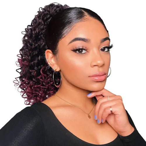 Vista 14 de PEACOCO Extensión de cola de caballo rizada con cordón para mujeres negras - Cola de caballo de 6 pulgadas con clip, postizo sintético de afro corto