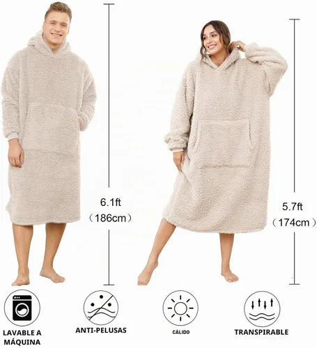 Vista 6 de Manta Sherpa con capucha de gran tamaño, sudadera con capucha y manga larga y bolsillo, color beige