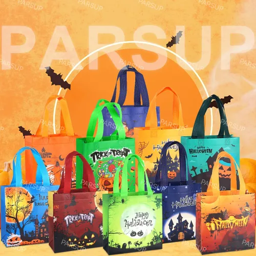 Vista 4 de PARSUP 20 bolsas de Halloween para dulce o truco, no tejidas grandes bolsas de regalo con asas para envolver regalos, suministros de fiesta, 7.9 x