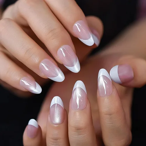 Vista 3 de Gelnails - Uñas postizas cortas a presión con punta francesa blanca, 30 Almendra francesa blanca