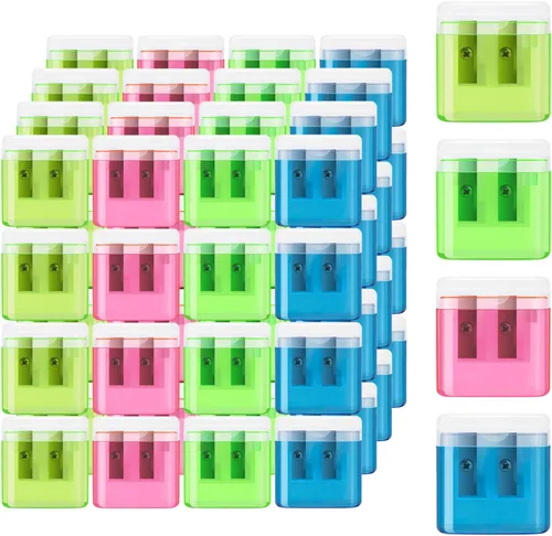 Vista 9 de 24 piezas de sacapuntas manual pequeño de 2 agujeros con tapa, sacapuntas manuales de doble agujero para lápices de colores a granel, sacapuntas