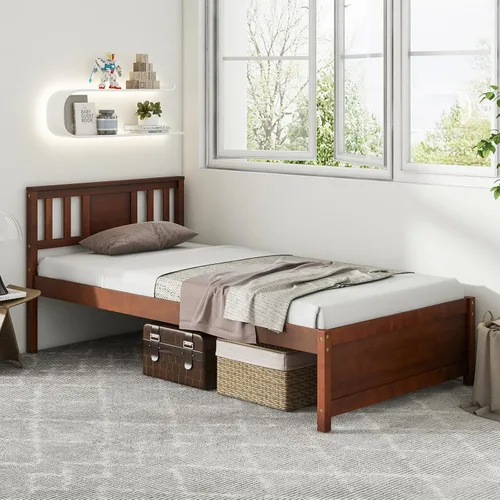Vista 3 de Giantex Marco de cama individual con cabecero, cama de plataforma de madera maciza de mediados de siglo, cama de panel individual con soporte