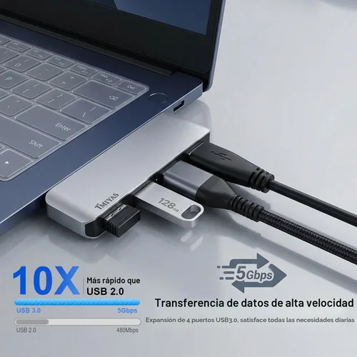 Vista 3 de Hub USB 3.0 del lado derecho, divisor USB sin cable de 4 puertos para laptop, diseño de enchufe directo, compatible con MacBook, portátiles