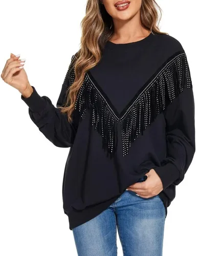 Vista 2 de PESION Sudadera de gran tamaño para mujer, cuello redondo, manga larga, ribete de flecos, suéter