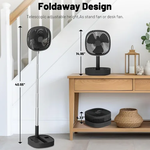Vista 5 de Ventilador de pedestal oscilante portátil con Romote, 4 velocidades de rotación telescópica de 120°, ventiladores plegables plegables de pie, 7200