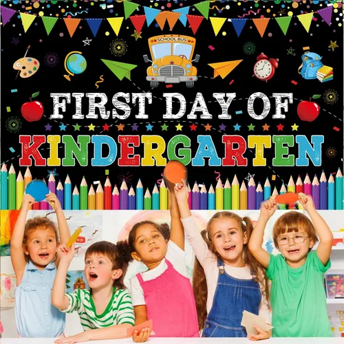 Vista 4 de Cartel del primer día de jardín de infantes, decoraciones de fiesta del primer día de escuela, pancarta de regreso a la escuela, bienvenida al