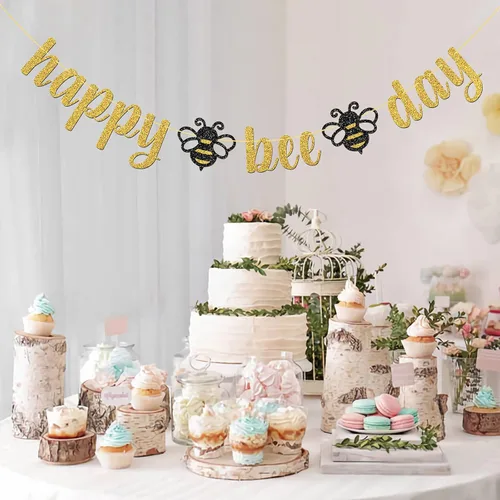 Vista 6 de Cartel de Feliz Día de la Abeja con purpurina dorada/Suministros de fiesta de baby shower con temática de abejorros/Nueva mamá/fiesta de revelación