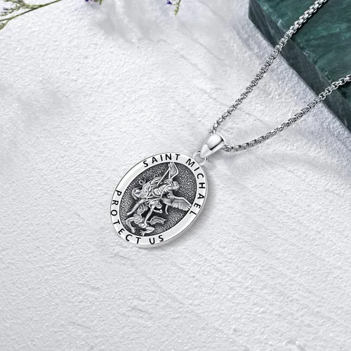 Vista 3 de LOOVE Collar de plata de ley 925 de San MiguelSan CristópaloCrucifijo de JesúsSan BenitoVirgen María milagrosa para hombres y mujeres arcángel