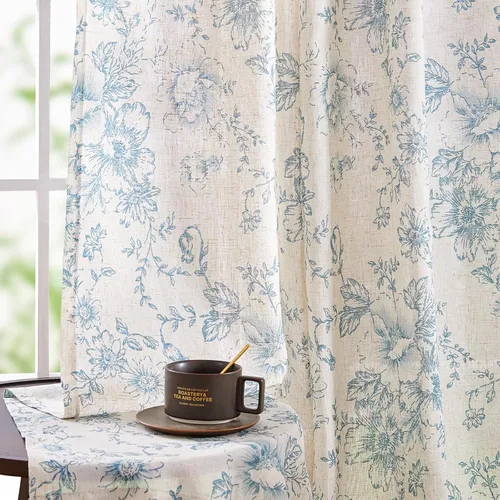 Vista 34 de Jinchan Cortinas de Mezcla de Lino con Estampado Floral para Sala de Estar, 84 Pulgadas de Largo, Cortinas con Bolsillo para Varilla y Tab Trasera