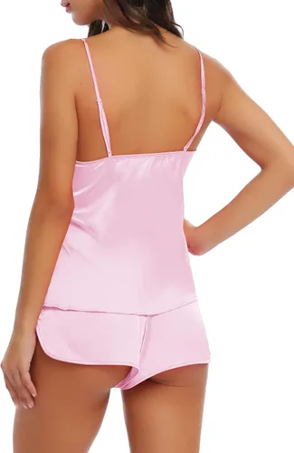 Vista 4 de Joyaria Satén Cami Pijama Pantalones Cortos Conjunto Sexy Mujer Seda Ropa de Dormir