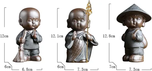 Vista 6 de KJYHXX Little Cute Monk - Figuras de cerámica – Adorables estatuas de monje de porcelana marrón (estilos de escoba/personal/bolsa) – Escritorio