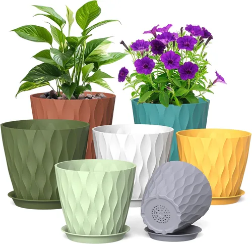 Vista 30 de Meowell Macetas pequeñas de plástico de 4 pulgadas, macetas de plántulas, juego de 5 macetas de ondas de agua para plantas de interior, macetas