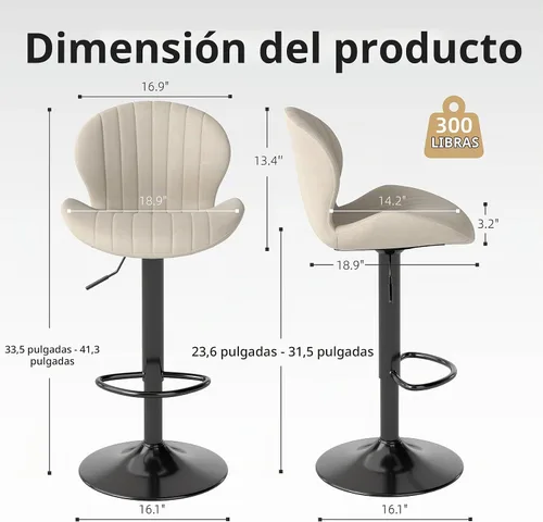 Vista 2 de Youhauchair Juego de 2 taburetes de bar modernos, taburetes de bar giratorios de altura ajustable de terciopelo, sillas de encimera de isla