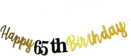 Vista 5 de Cartel de feliz cumpleaños 65 con letras negras con purpurina para colgar banderines para mujer o hombre de 65 años, suministros de decoración