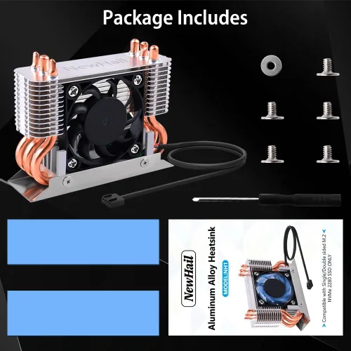 Vista 5 de Disipador de calor SSD M.2 2280 de 12 V con ventilador de enfriamiento PWM de 1.575 in, tubos de calor de cobre y almohadilla térmica, enfriador SSD