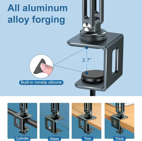 Vista 6 de Soporte para computadora portátil para escritorio, soporte de brazo para tableta con rotación de 360°, bandeja de aluminio ajustable para laptop