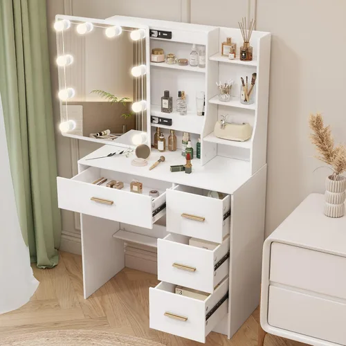 Vista 9 de Escritorio blanco cálido con espejo iluminado LED, mesa de tocador de maquillaje con armario izquierdo iluminado, 6 cajones y taburete, tocador