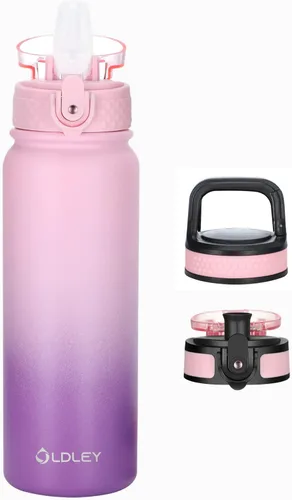 Vista 32 de Oldley Botella de Agua Aislada con Pajilla de 20oz, Botellas de Agua de Acero Inoxidable con 3 Tapas, Aislamiento al Vacío de Doble Pared Térmica