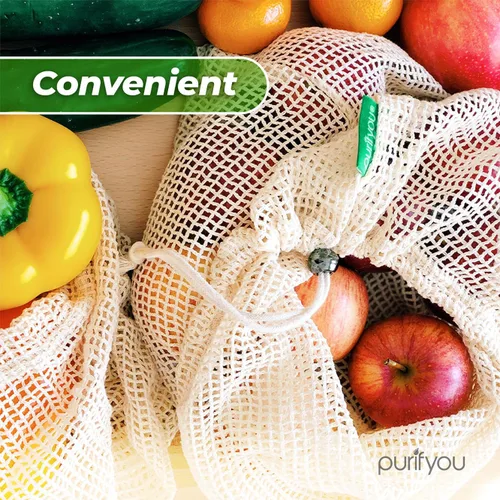 Vista 4 de purifyou Juego de 9 bolsas reutilizables de algodón orgánico – Malla de doble costura resistente, sin blanquear, cierre de cordón – 2 XL (12 x 20)
