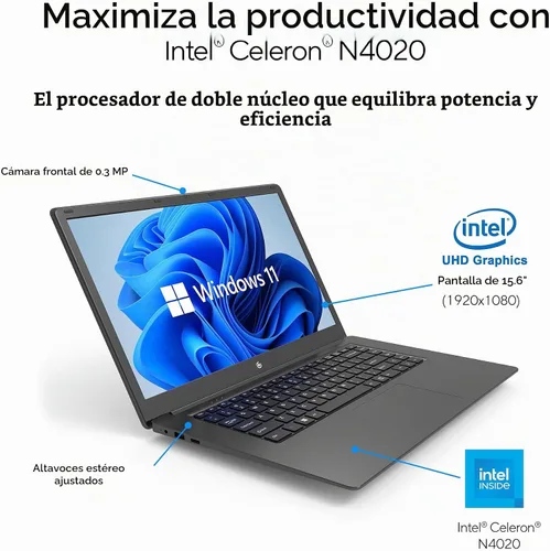 Vista 2 de 15.6" Full HD Intel 4GB RAM 64GB SSD Laptop con Windows 11 - Negro