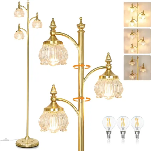Vista 18 de JUNNAI Lámparas de pie negras para sala de estar, lámparas de pie de 66.5 pulgadas con pantalla de cristal, luces de brillo de 3 vías, lámpara