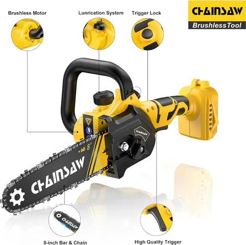 Vista 2 de Mini motosierra de 8 pulgadas para batería Dewalt de 20 V máxima, motosierra de poda inalámbrica sin escobillas, mini motosierra a batería
